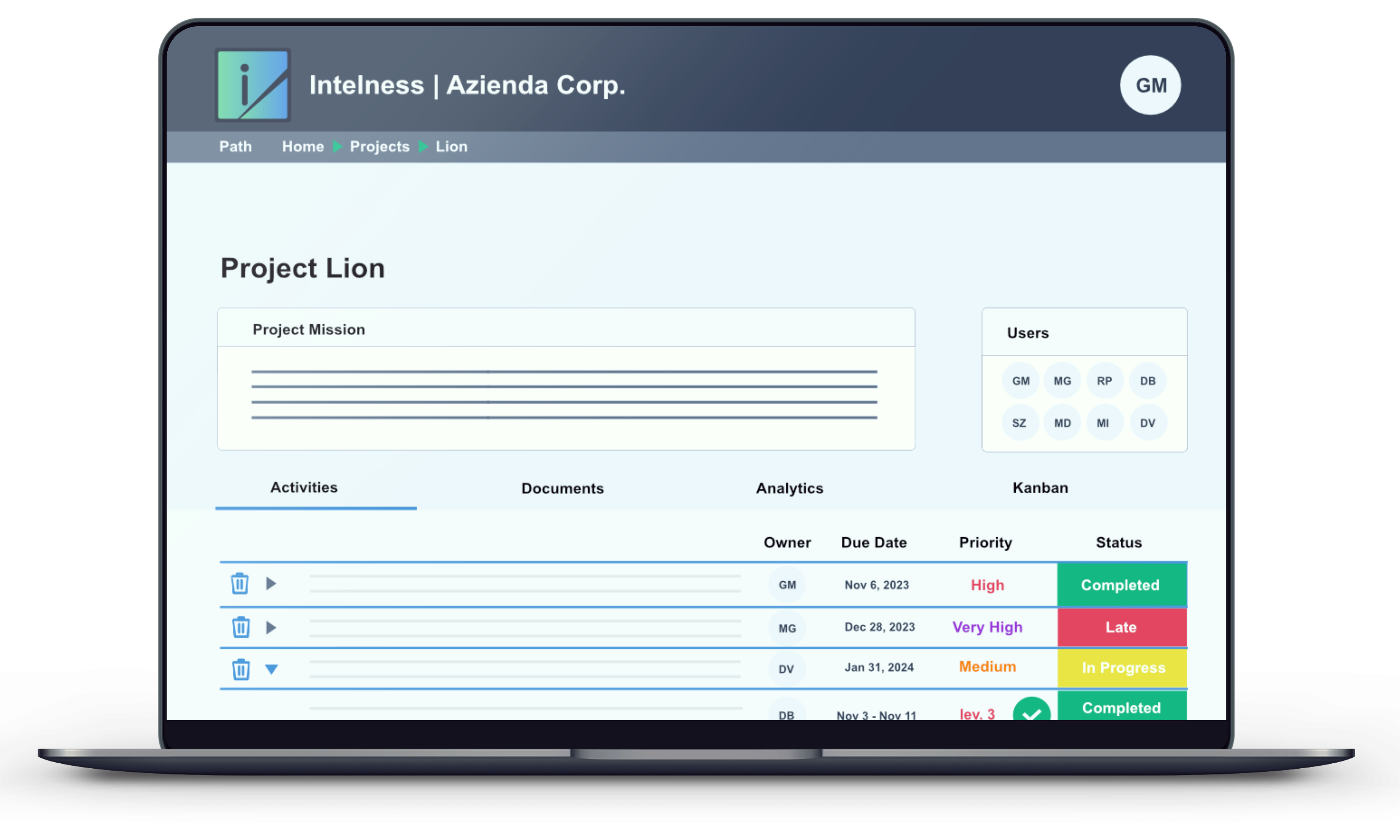 A project managed within Intelness projects, beautifully organised and with a lot of different views possible: tasks, documents, analytics, kanban. Save time, energy and money with Intelness project management solution.